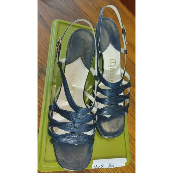 Luxe Retro Vintage Imported Mikelos Athens, Greece 8 N Navy Sandals Heels Chic - Picture 9 of 10
